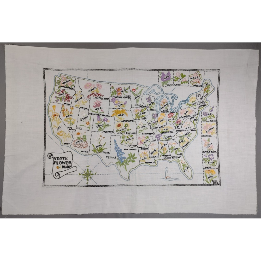Vintage Hand Embroidered USA State Map State Flowers Needlepoint Sampler